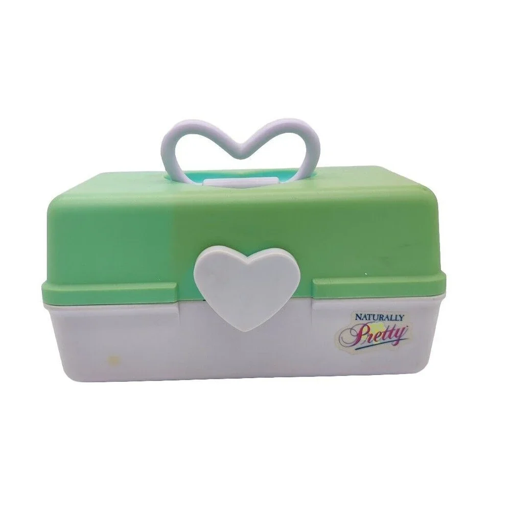 Vintage Naturally Pretty Cosmetics Case Travel Storage Jewelry Teal White Heart
